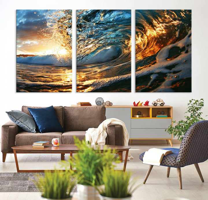 Ocean Wave at Sunset Wall Art | Ready to Hang Triptych Canvas Print | Coastal Wall Art for Living Room | Nautical and Beach House Decor