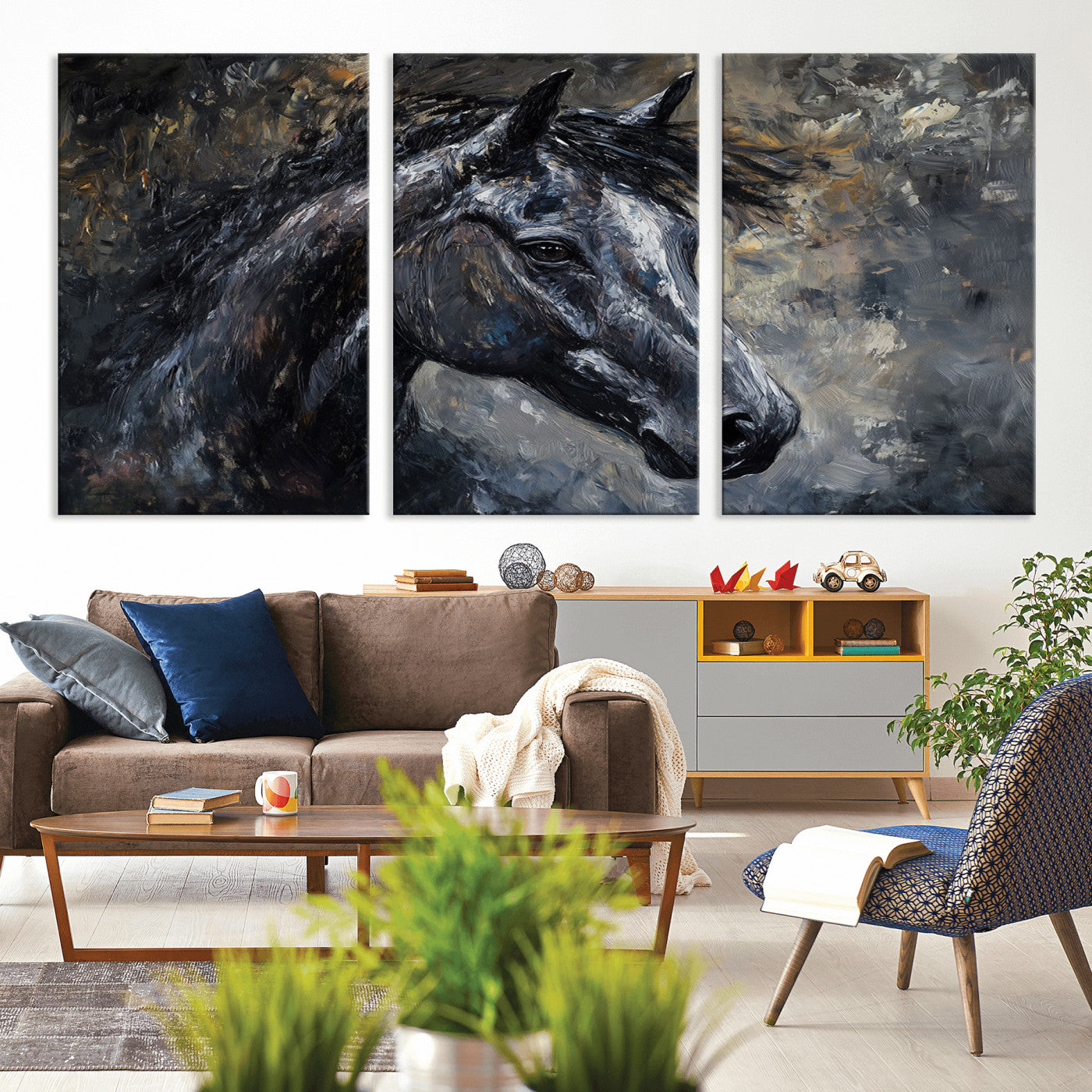 MGV-CV-60X30-3P - Large Abstract Horse Wall Art Canvas Print | Farmhouse Wall Decor | Rustic Horse Art | Western Cabin