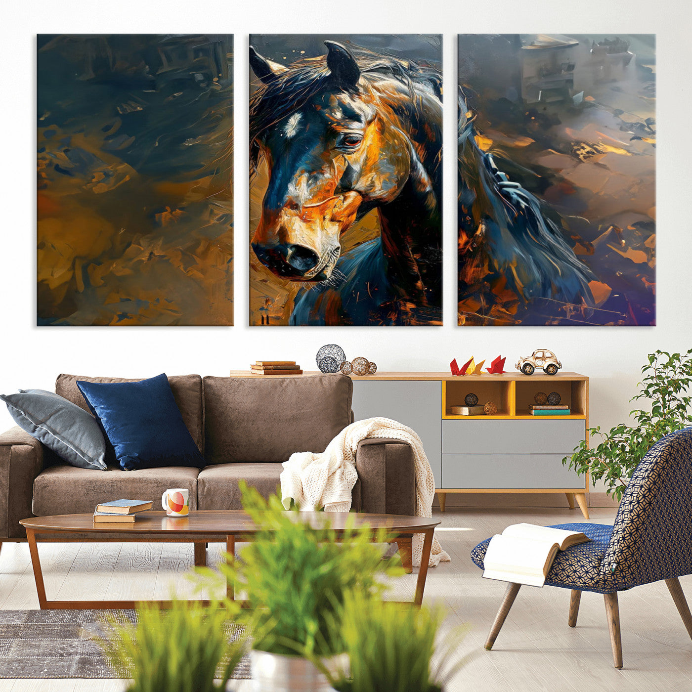MGV-CV-60X30-3P - Abstract Horse Wall Art Canvas Print | Farmhouse Wall Decor | Western Cabin Art | Rustic Horse Decor