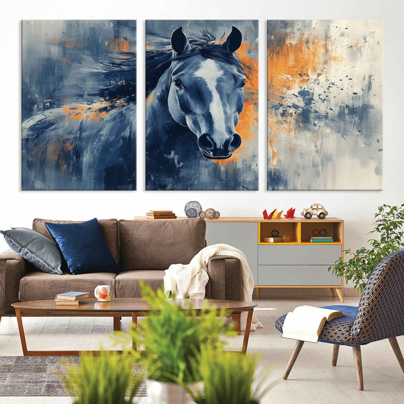 MGV-CV-60X30-3P - Abstract Blue Horse Wall Art Print Canvas | Horse Wall Art Print | Western Decor for Farmhouse |