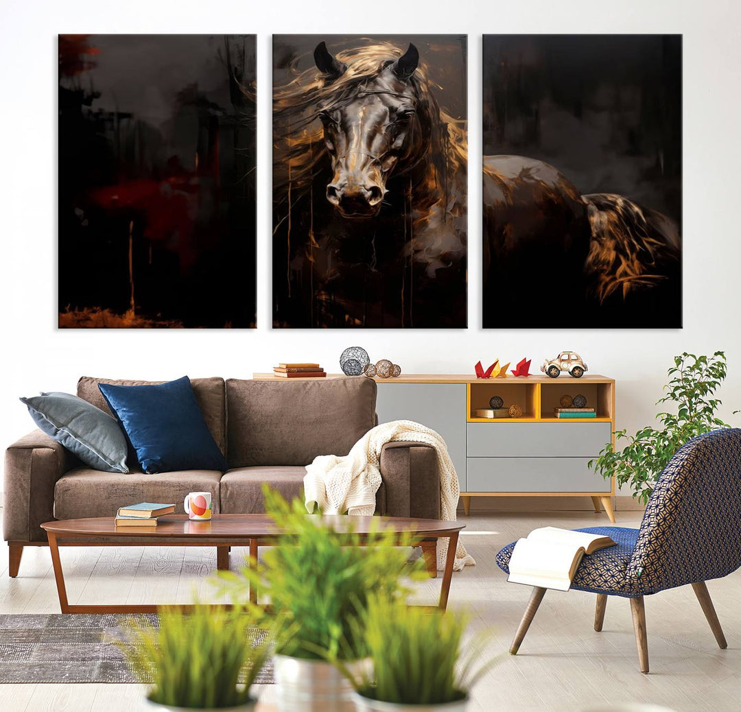 Abstract Black Horse Canvas Print – Featuring an equine spirit with a flowing mane on a dark background, perfect as farmhouse wall art.