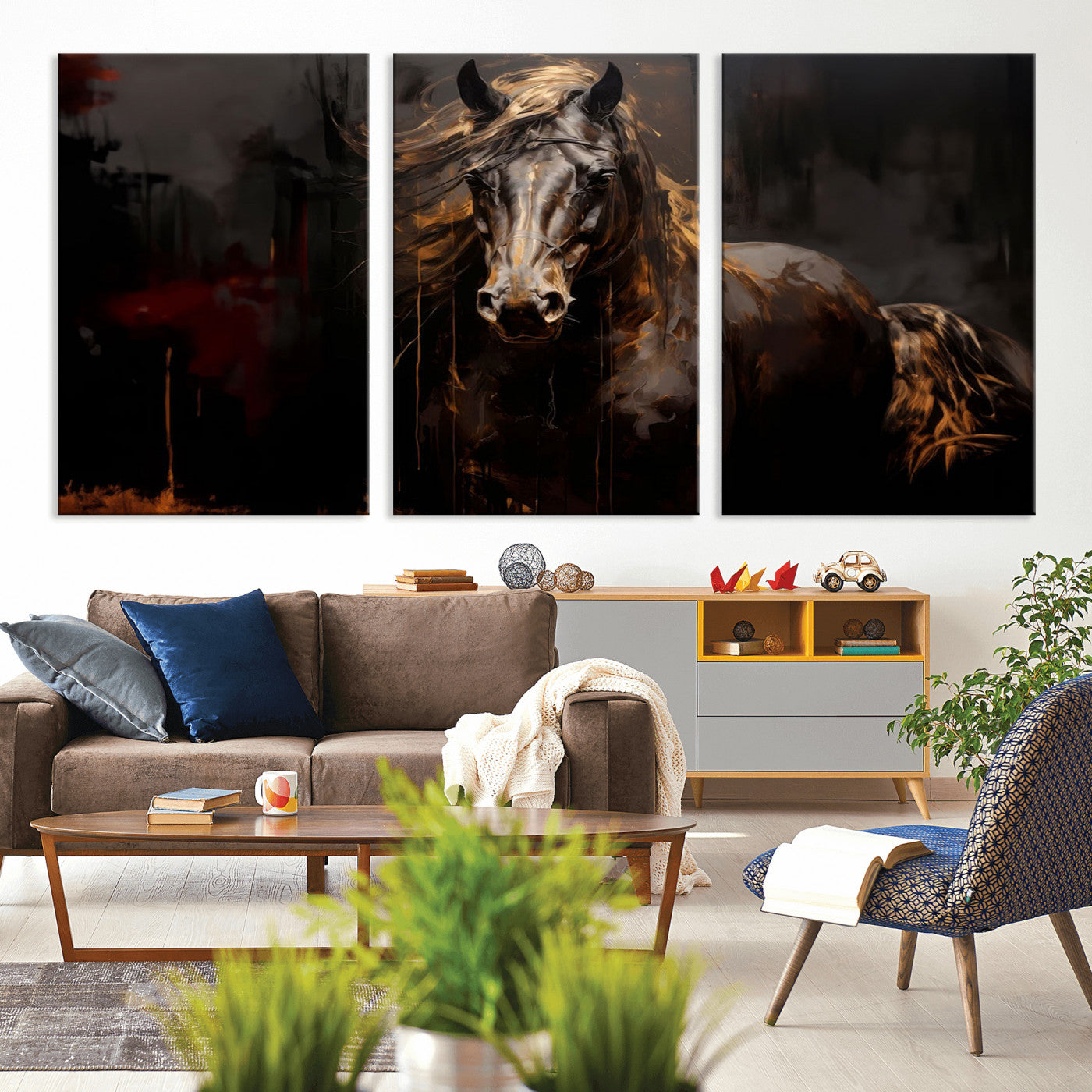 MGV-CV-60X30-3P - Abstract Black Horse Canvas Print for Farmhouse Wall Art | Abstract Equine Wall Art | Western Decor
