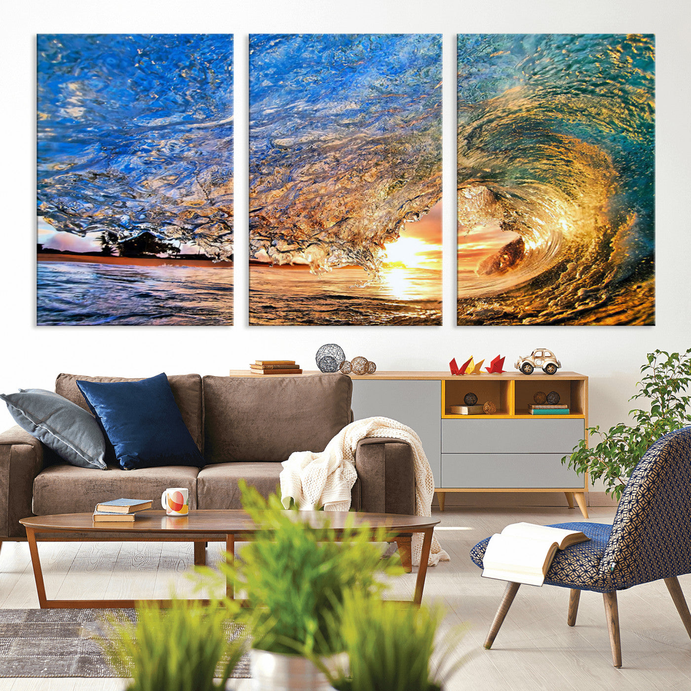 MGV-CV-60X30-3P - Ocean Wave at Sunset Canvas Wall Art – Vibrant Coastal Beach Waves Print, Large Nautical Decor,