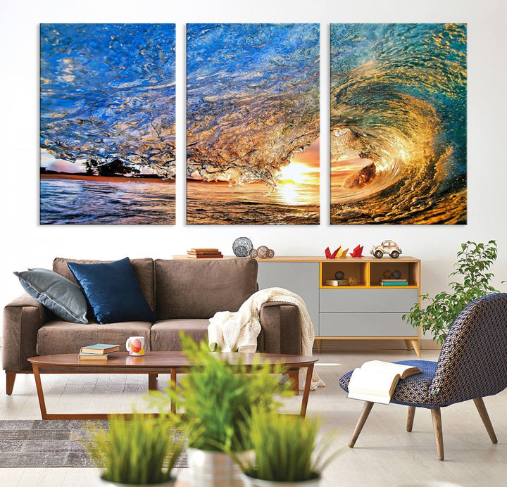 Ocean Wave at Sunset Canvas Print | Large Coastal Ocean Wall Art Print | Vibrant Beach Waves Art Print | Surf Lover Gift | Nautical Decor