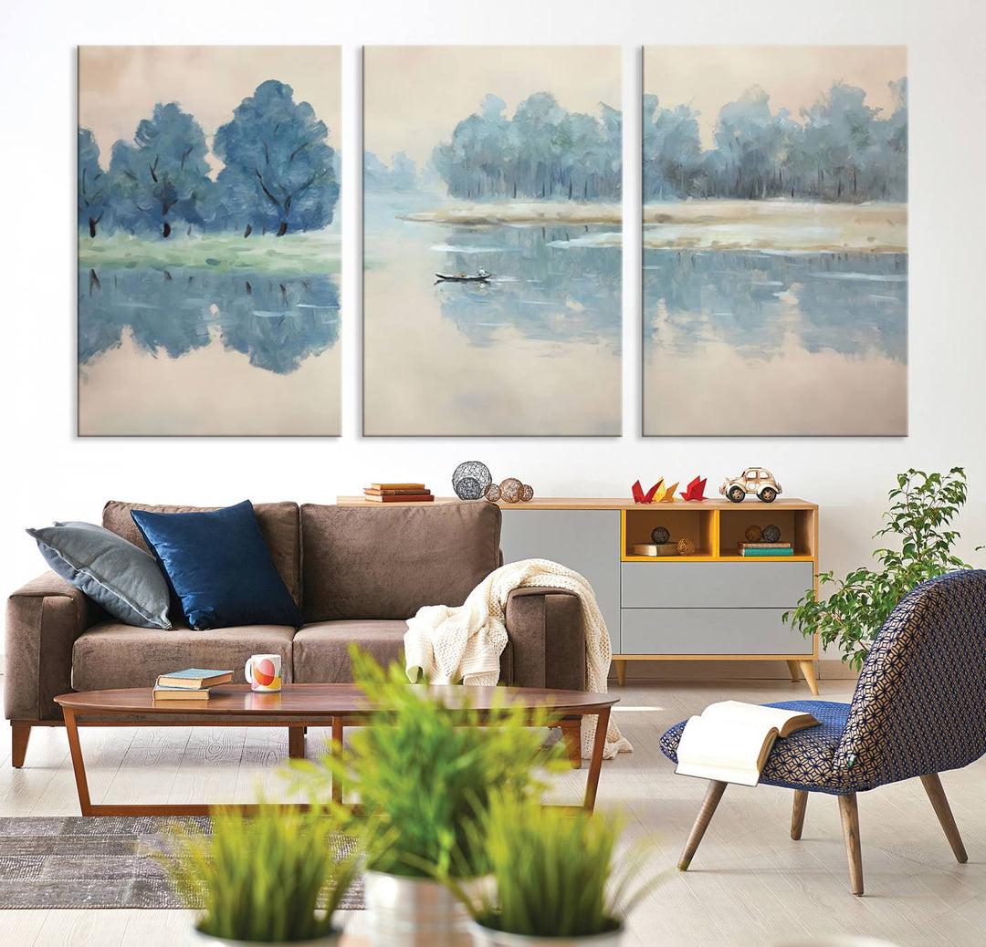 Landscape Printing Lake and Boat Scene | Serene Landscape Wall Art for Nature Lovers | Ready to Hang Triptych Canvas Print | Peaceful Blue Trees and Water Reflection Decor