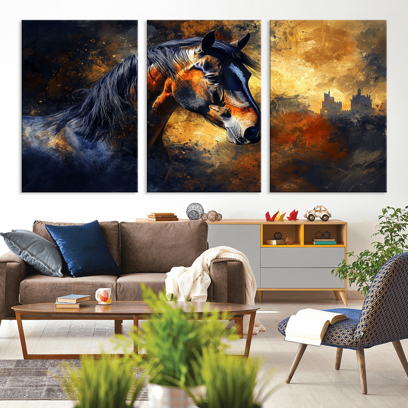 MGV-CV-60X30-3P - Abstract Horse Art Print - Abstract Canvas Wall Art | Perfect for Rustic Farmhouse, Modern, or