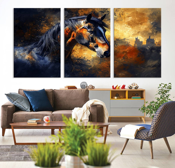 Abstract Horse Art Print on canvas, featuring a colorful background, perfect for rustic farmhouse or equestrian decor.