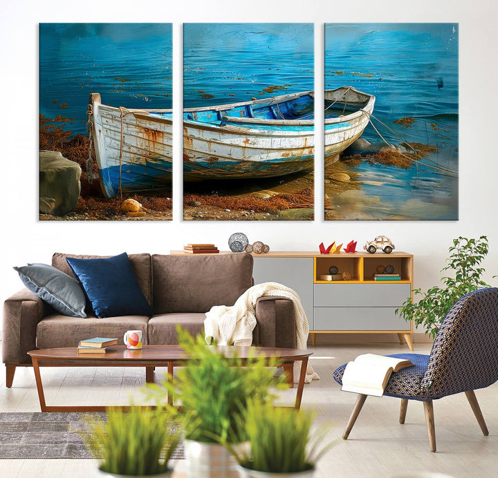 Vintage boat on tranquil waters—rustic triptych canvas print ideal for nautical or coastal wall art.
