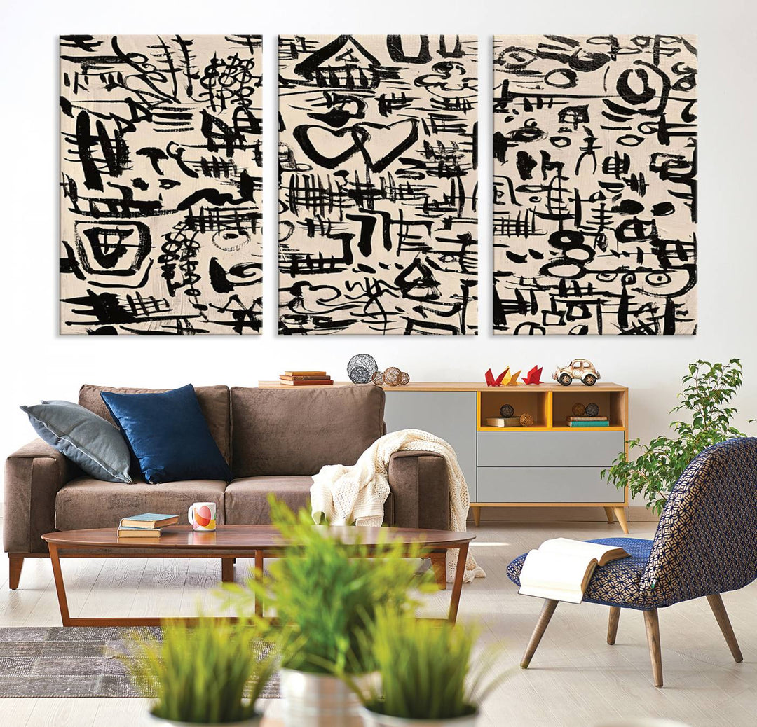 Love-in-People and Love and Chaos Abstract Wall Art | Bold Black and White Ready to Hang | Modern Expressionist Graffiti-Inspired Decor