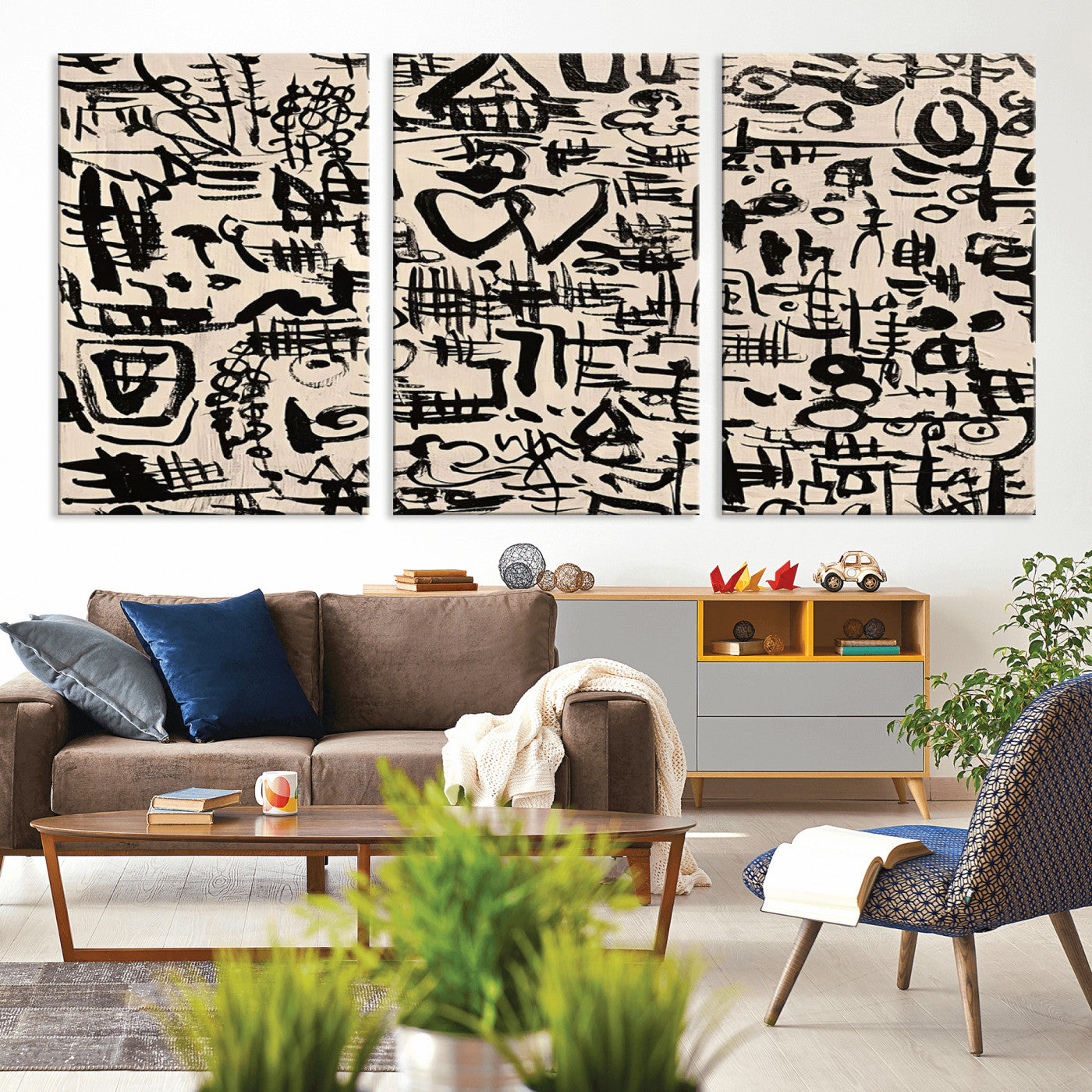 68273-MGV-CV-60X30-3P - Abstract Love and Chaos Canvas Print, Black Symbols on Beige