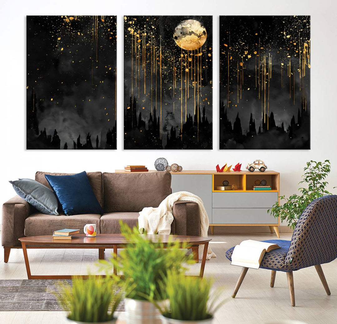 Gold Moon and Black Skyline Abstract Wall Art | Dark Modern Canvas Print with Dripping Gold Accents | Triptych Contemporary Homes