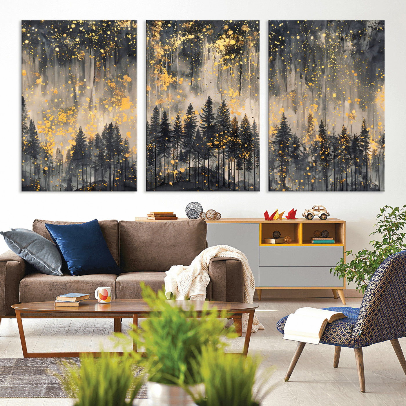 MGV-CV-60X30-3P - Golden Forest Abstract Wall Art | Dark Forest with Gold Splatter Accents | Triptych Ready to Hang