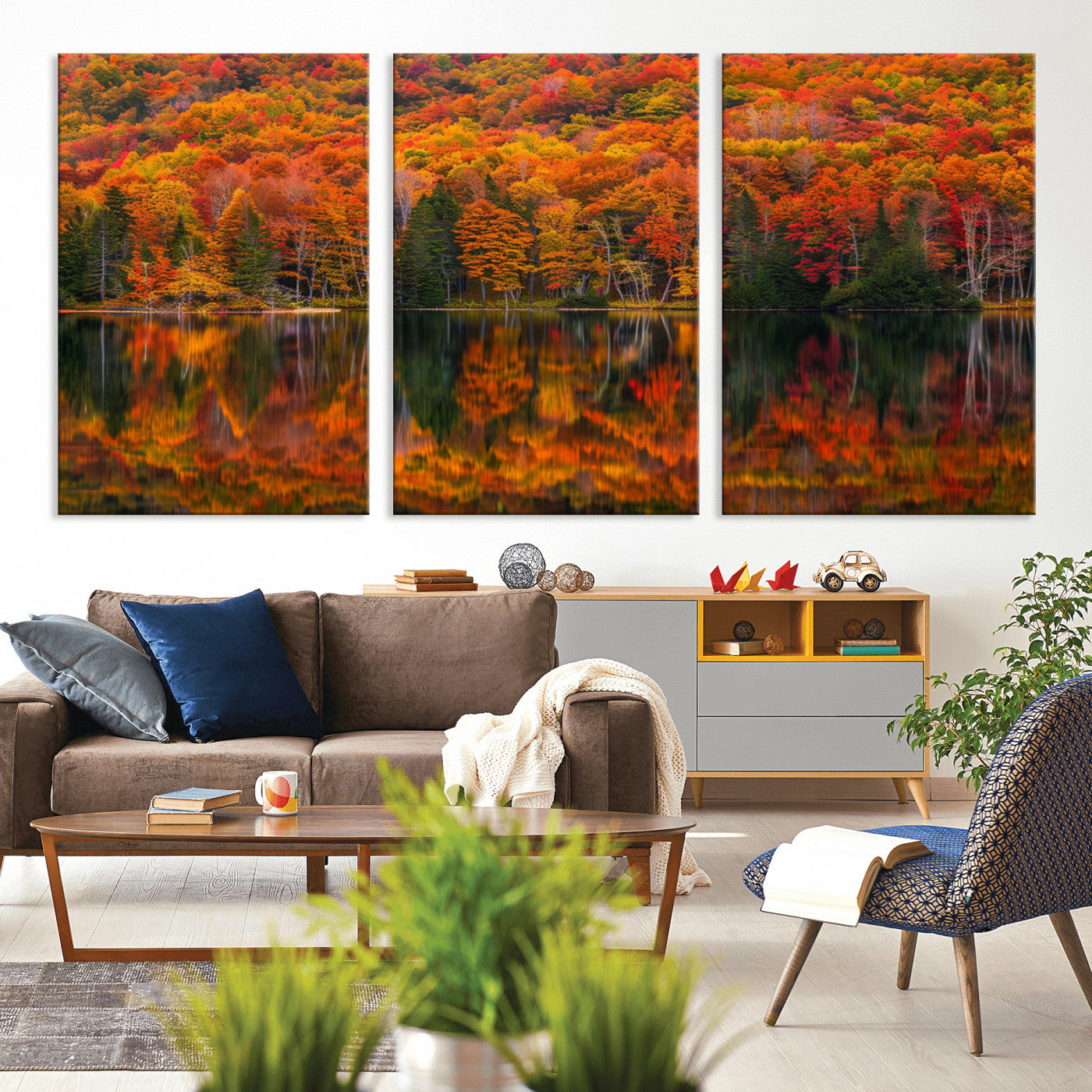 MGV-CV-60X30-3P - Fall Foliage Wall Art - Autumn Reflection Canvas Print, Stunning Fall Foliage Wall Art, Serene Lake