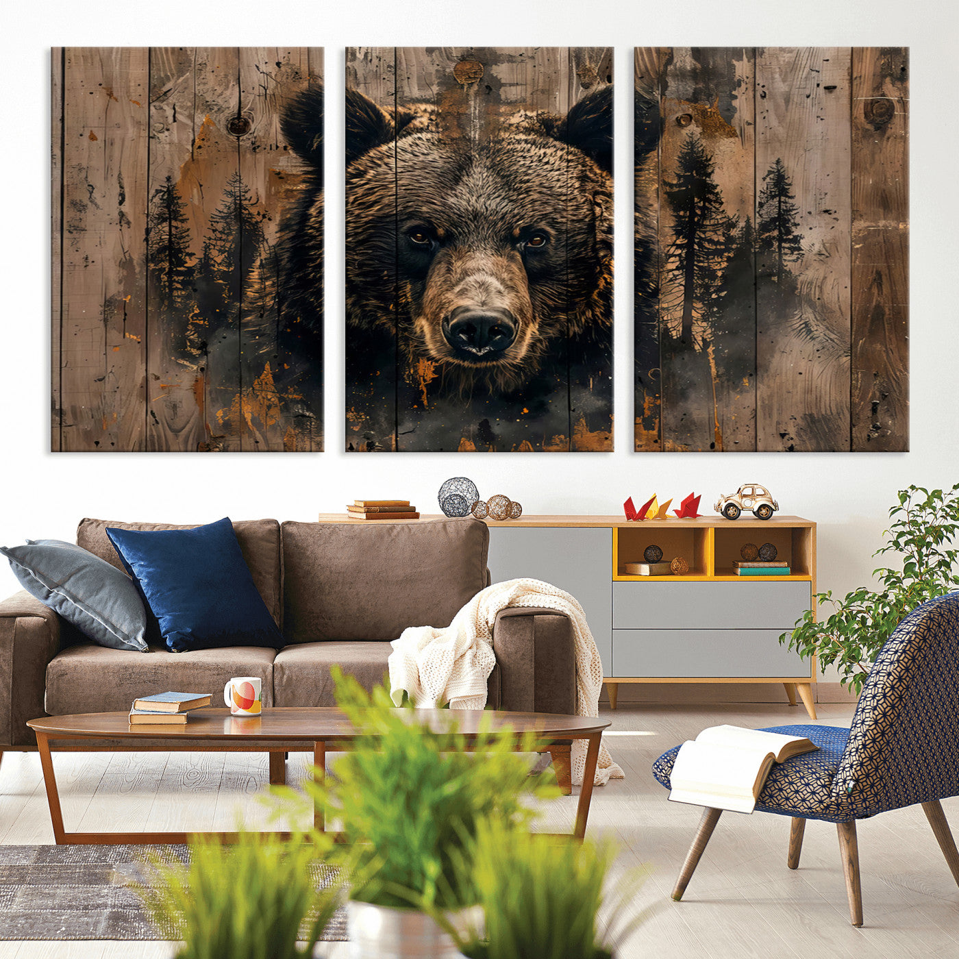 MGV-CV-60X30-3P - Rustic Grizzly 399 Wall Art | Triptych Canvas Print | Rustic Cabin Wall Decor | Perfect for