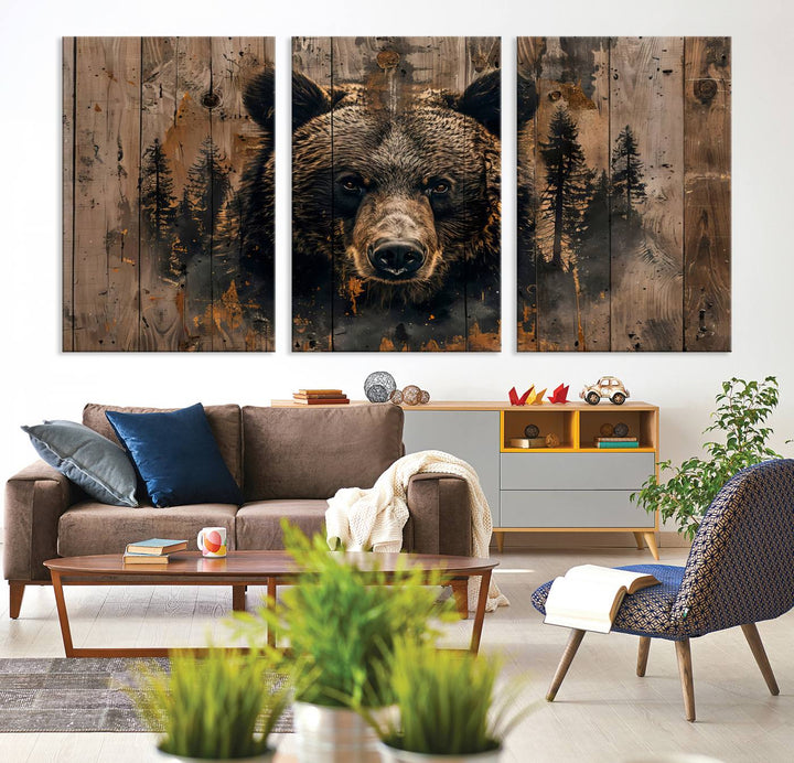 Rustic Bear Wall Art | Triptych Canvas Print | Rustic Cabin Wall Decor | Forest-Inspired Animal Art | Perfect for Farmhouse or Woodland Print