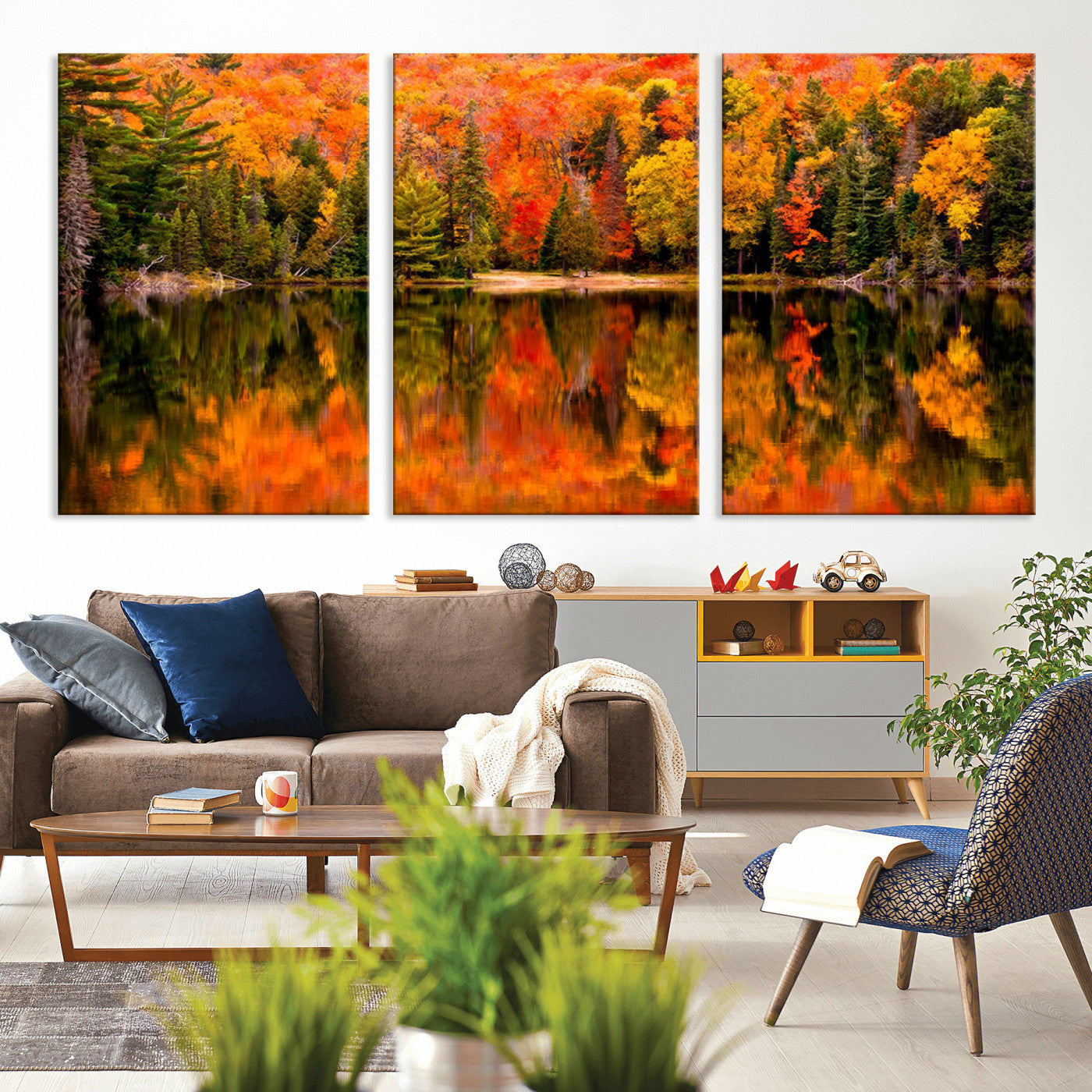 MGV-CV-60X30-3P - Forest Reflection Art | Autumn Forest Reflection Wall Art | Triptych Canvas Print | Vibrant Fall