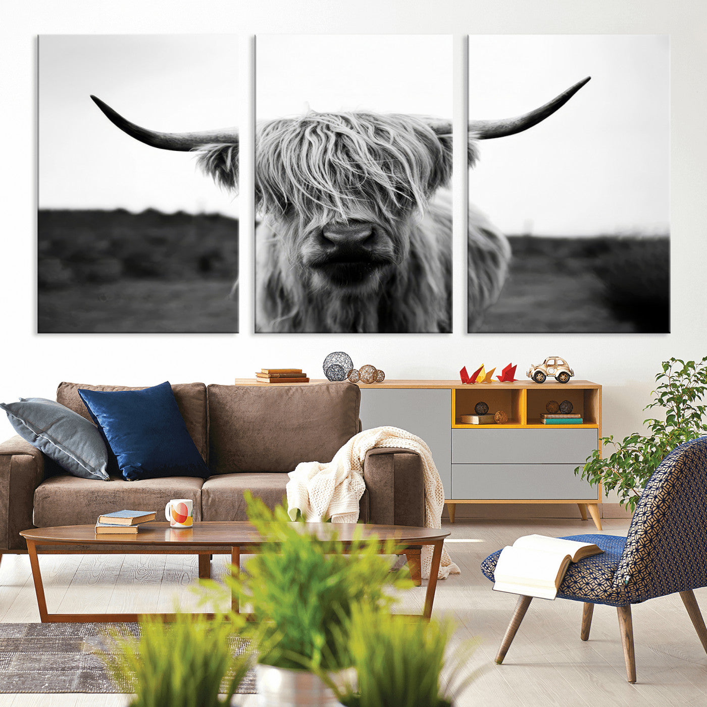 MGV-CV-60X30-3P - Highland Cow Wall Art | Black and White Farmhouse Decor | Triptych Canvas Print | Rustic Barn Decor