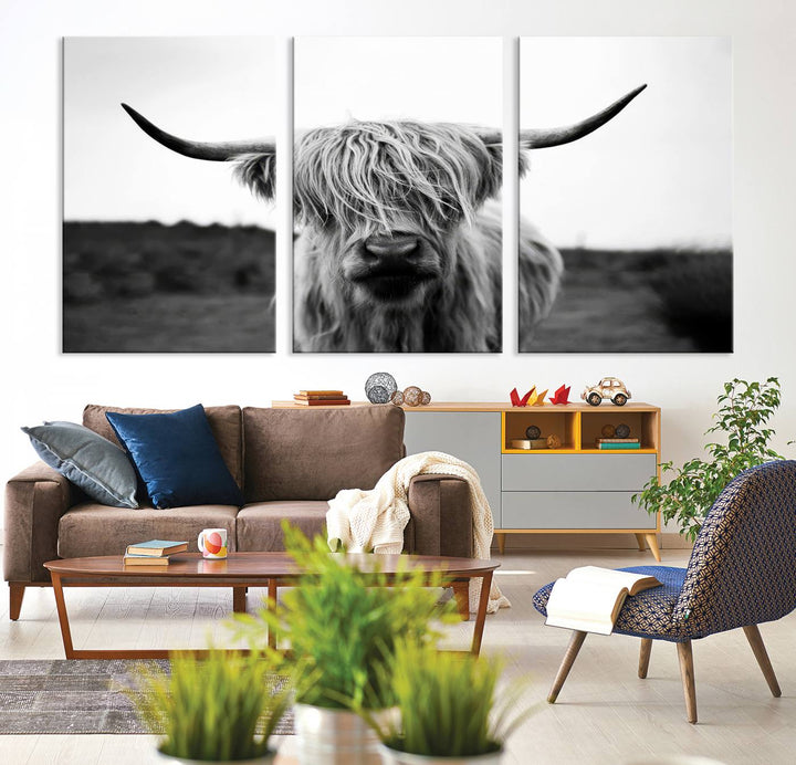 Highland Cow Wall Art | Black and White Farmhouse Decor | Ready to Hang Triptych Canvas Print | Rustic Barn Decor | Scottish Highland Cattle Art Print