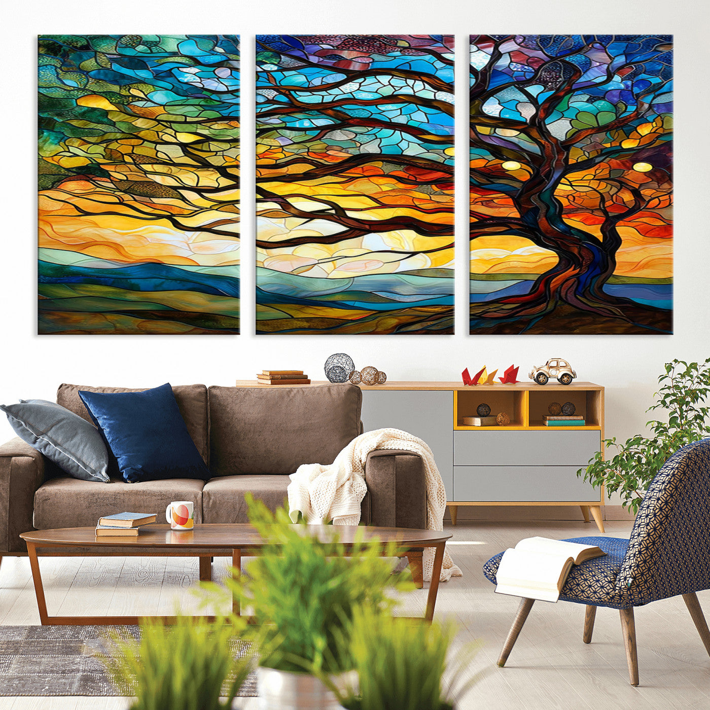 MGV-CV-60X30-3P - Vibrant Mosaic Tree of Life Wall Art | Stained Glass Style Canvas Print | Ready to Hang Artistic