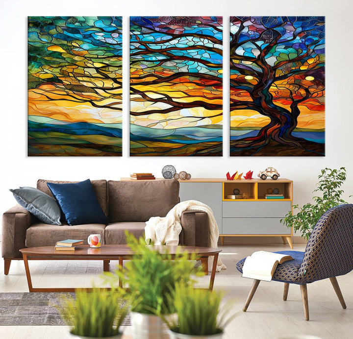 Vibrant Mosaic Tree of Life Wall Art | Stained Glass Style Canvas Print | Ready to Hang Artistic Decor