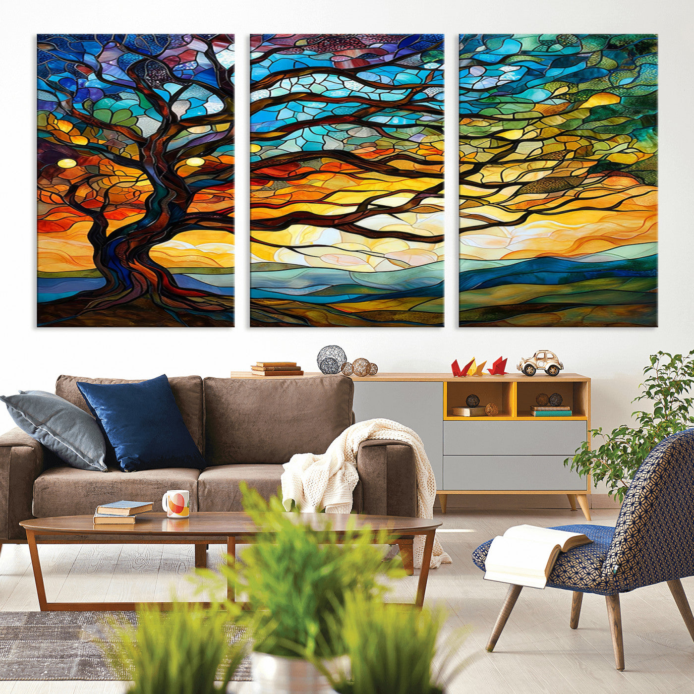 MGV-CV-60X30-3P - Mosaic Tree Wall Art | Ready to Hang Stained Glass Style Canvas Print | Farmhouse Wall Decor, Cabin
