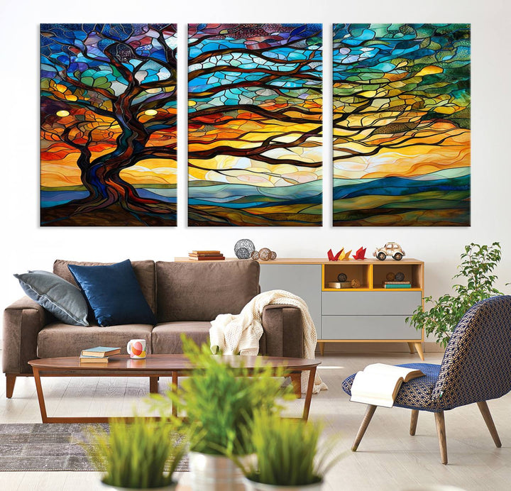 Mosaic Tree Wall Art | Ready to Hang Stained Glass Style Canvas Print | Farmhouse Wall Decor, Cabin Wall Art, and Unique Nature Home Decor