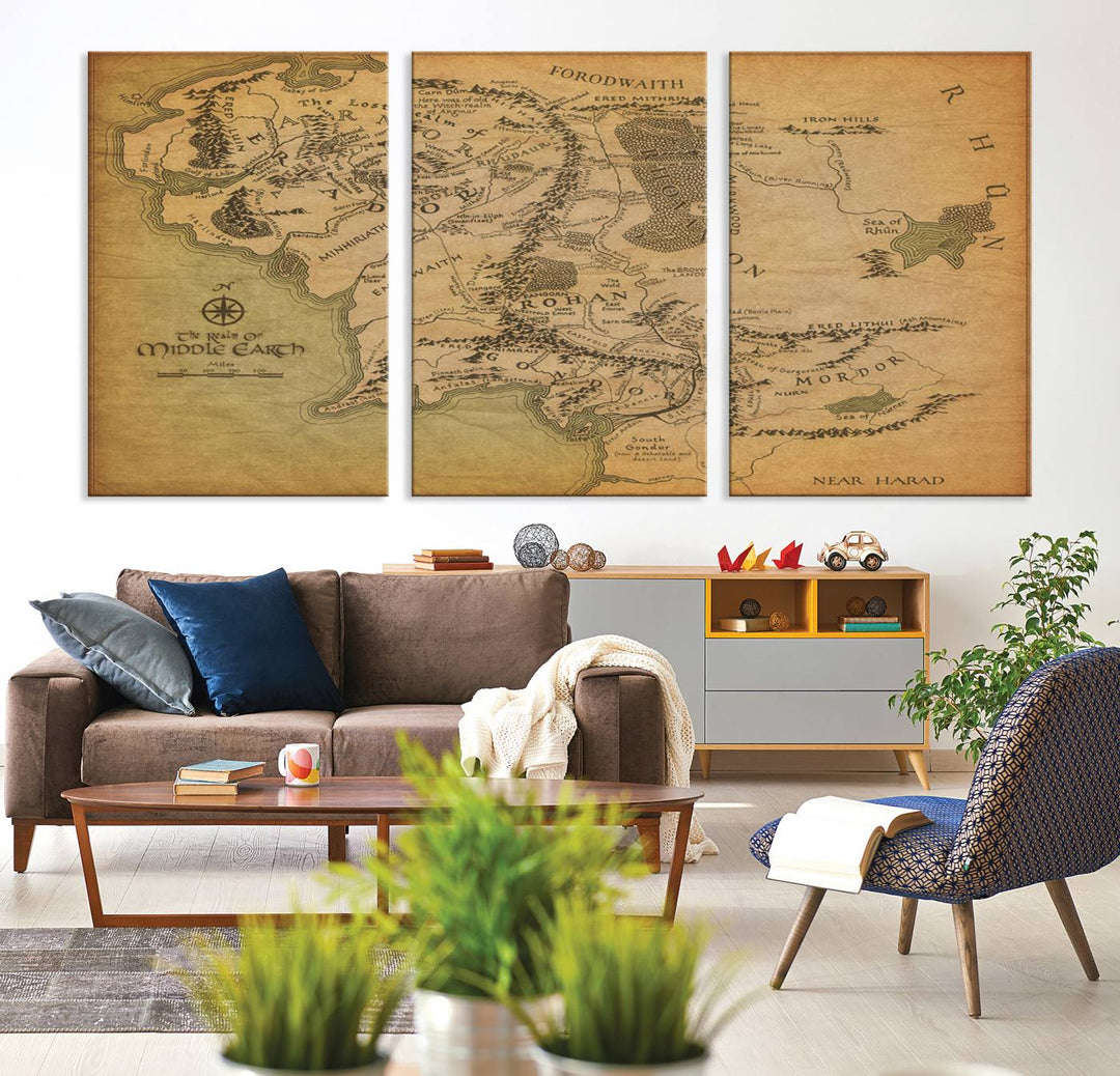 Vintage J.R.R. Tolkien Middle-Earth Map 3 Panel Canvas, perfect as wall art for home or office decor.