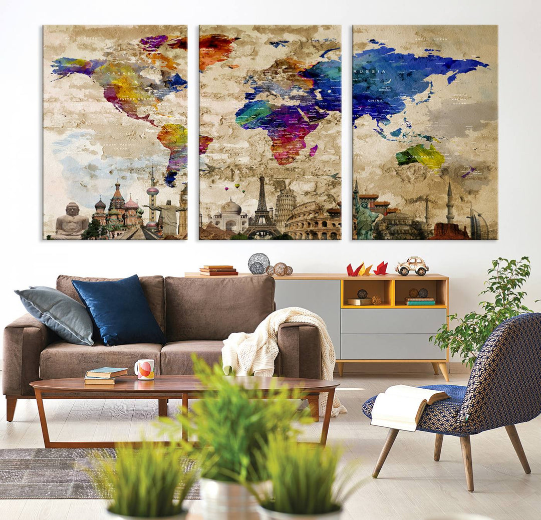 Artistic world map featuring landmarks like the Eiffel Tower, printed on premium wall art for office or living space.