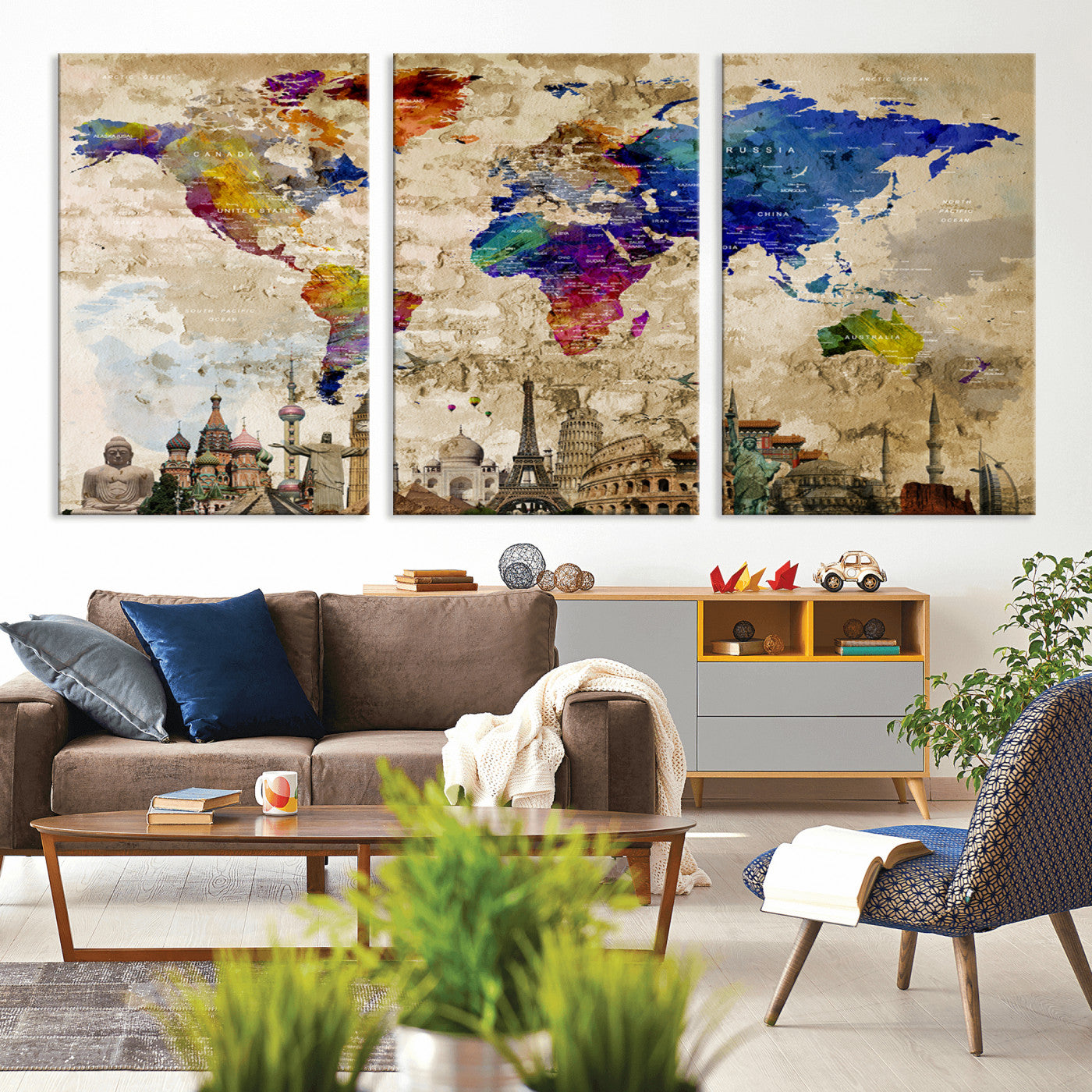 MGV-CV-60X30-3P - Push Pin World Map Canvas Print – Framed Wall Art for Couples to Track Their Travels – Anniversary