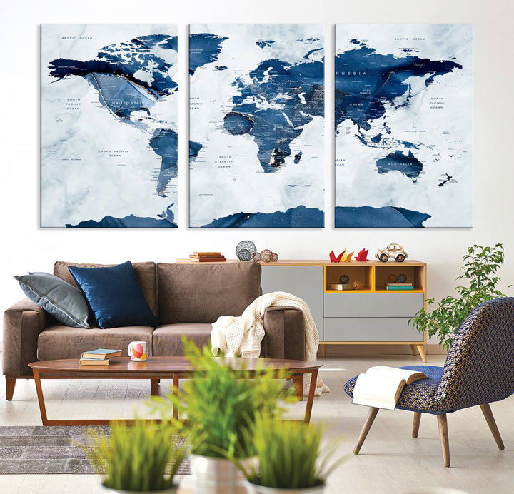 Navy Blue World Map with Antarctica Canvas: A perfect abstract home decor piece featuring a grunge-stained background.