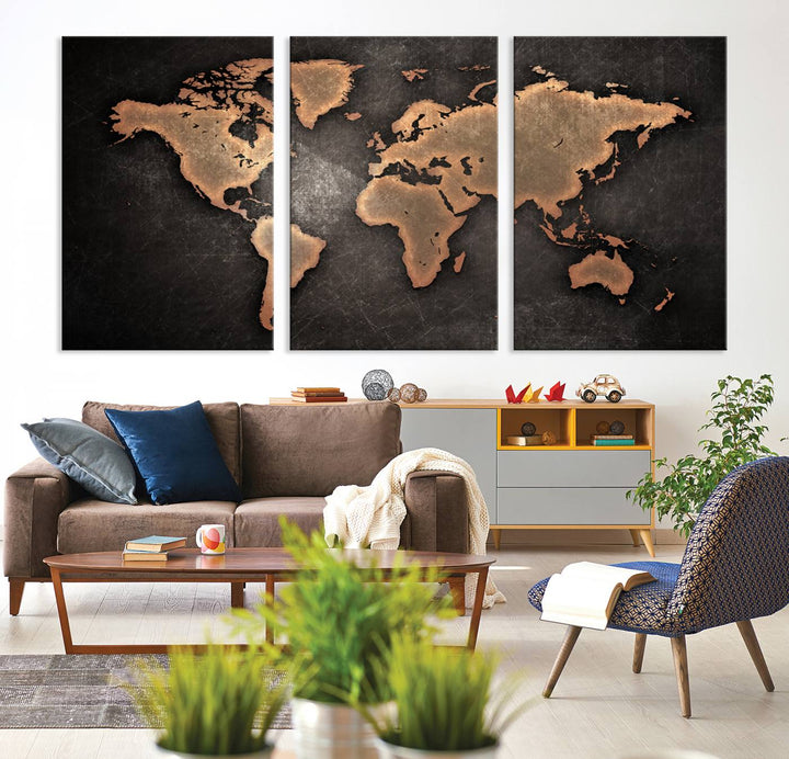 Maroon World Map Wall Art: Copper continents on a grunge-stained canvas, ideal for enhancing your decor.