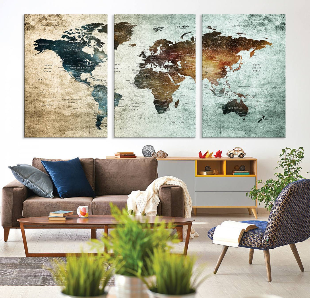 The Push Pin World Map Canvas Print serves as an ideal piece of wall art for travel lovers, showcasing vibrant colors and intricate details.