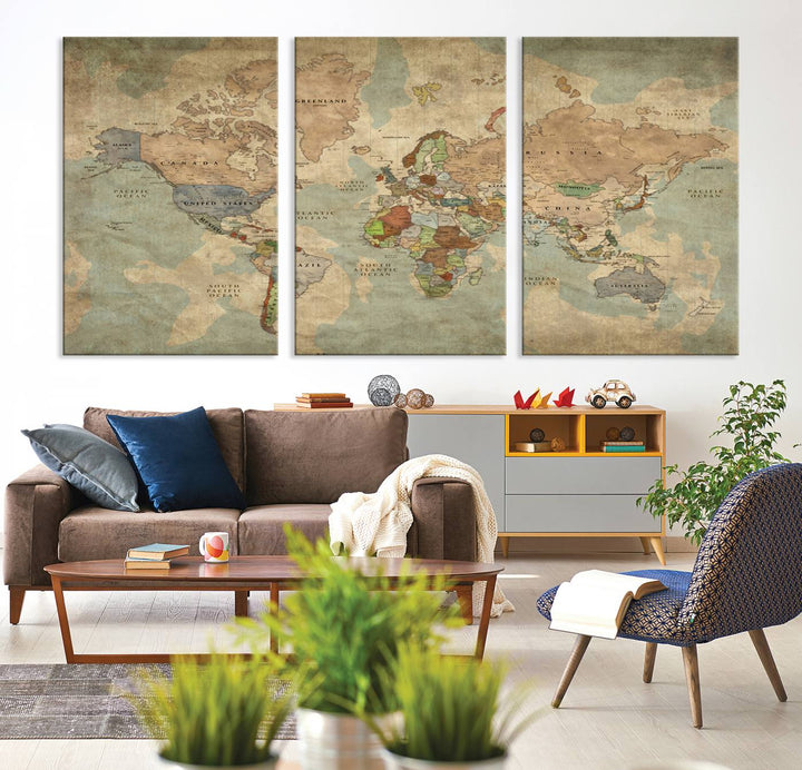 Vintage World Map Canvas Wall Art – Antique Triptych Map Print – Rustic Global Decor for Living Room or Office – Ready to Hang