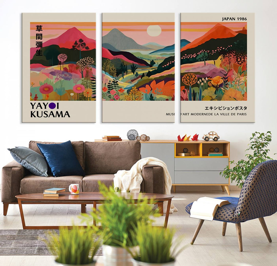 A vibrant abstract landscape by Yayoi Kusama adorns a Wabi Sabi ready-to-hang canvas print, featuring mountains and flowers.