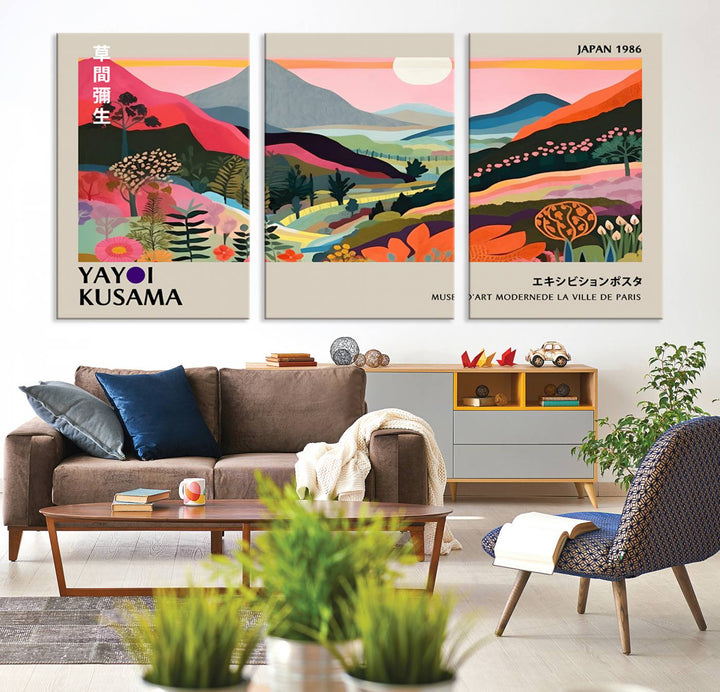 Vibrant abstract landscape canvas inspired by Yayoi Kusama, featuring mountains, trees, and flowers in a triptych style.