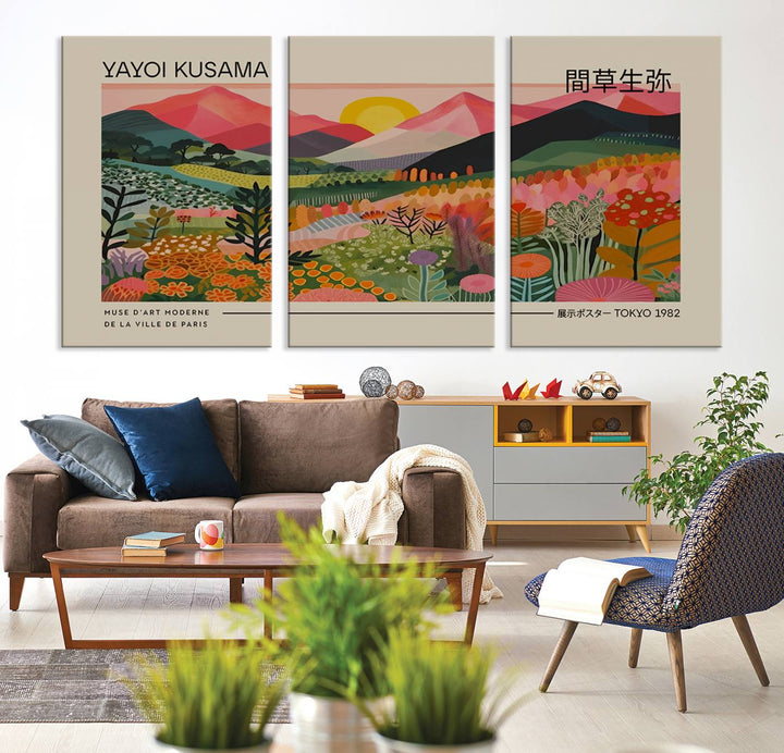 A vibrant abstract triptych features mountains, a sun, and plants in Yayoi Kusamas style with Japanese and French text included.