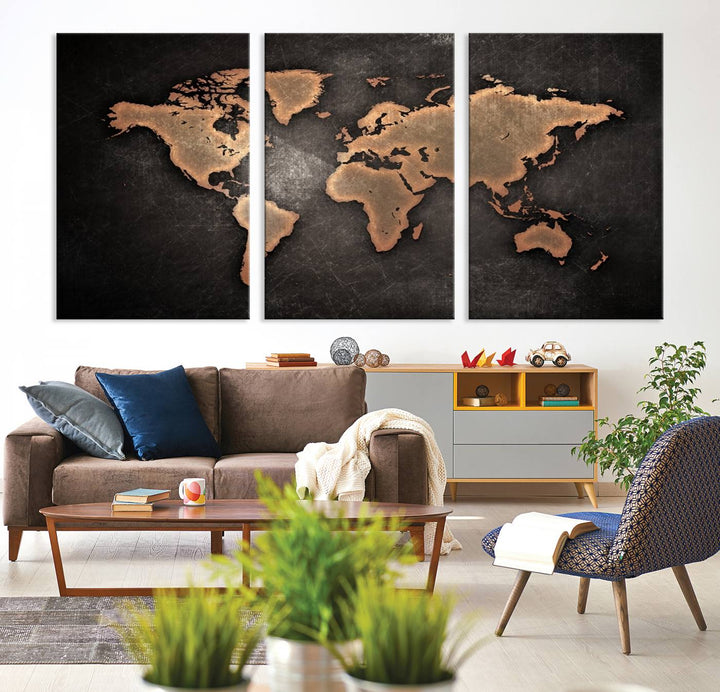 The Modern World Map on a metallic black canvas creates a striking effect.