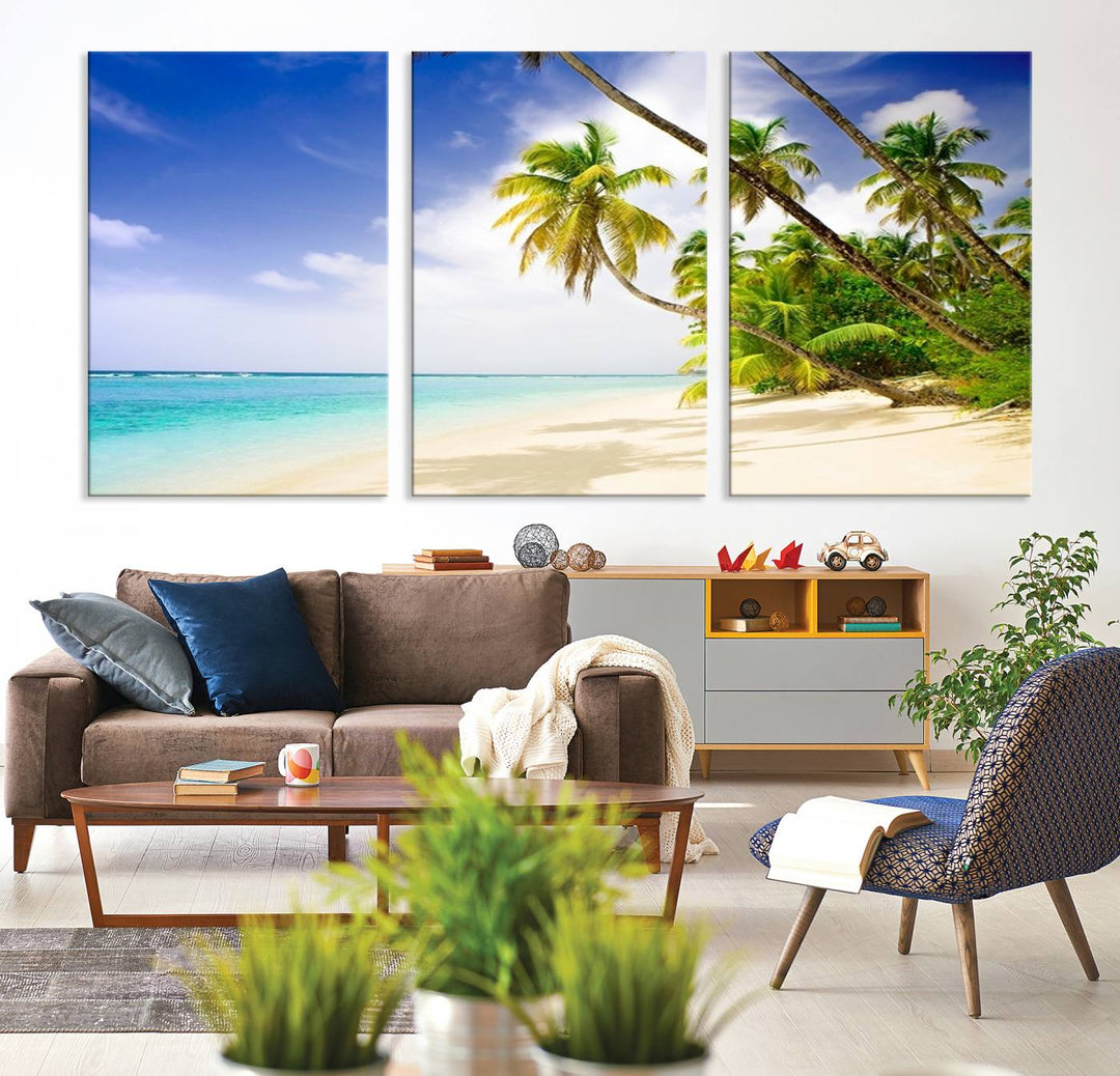 Tropical Beach Canvas: Palm Trees & White Sand Shore Decor, Vibrant Coastal Print, Ready to Hang.