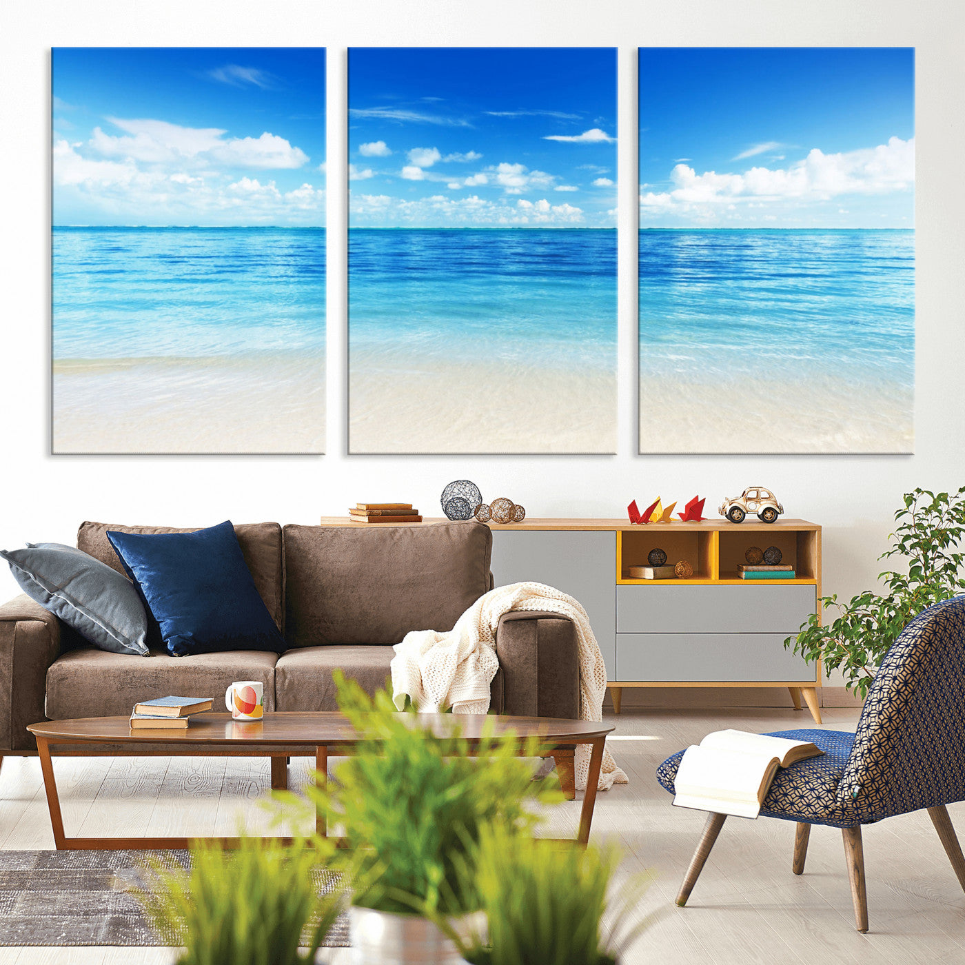 MGV-CV-60X30-3P - Beach Scene Canvas Wall Art Print – Tranquil Ocean Horizon and White Sand Beach Wall Decor for Home