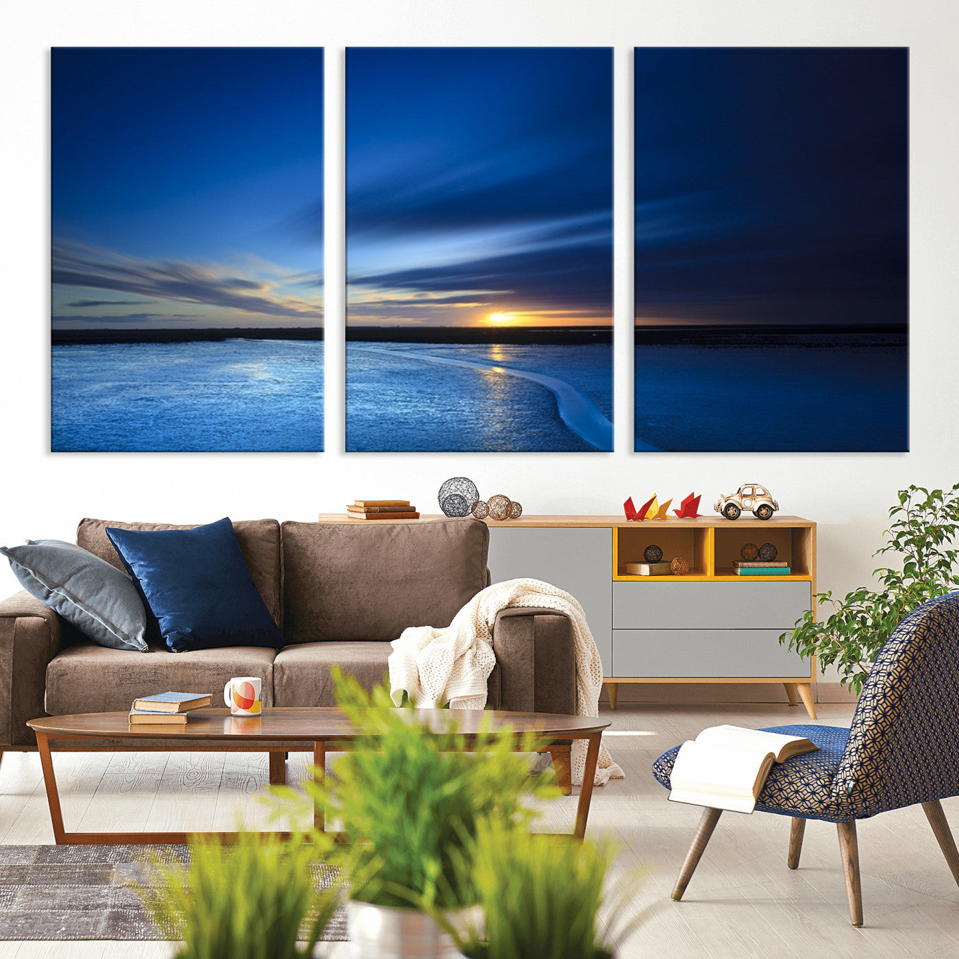 MGV-CV-60X30-3P - Blue Sunset Ocean Canvas Wall Art Print – Serene Coastal Horizon Wall Decor for Home or Office –