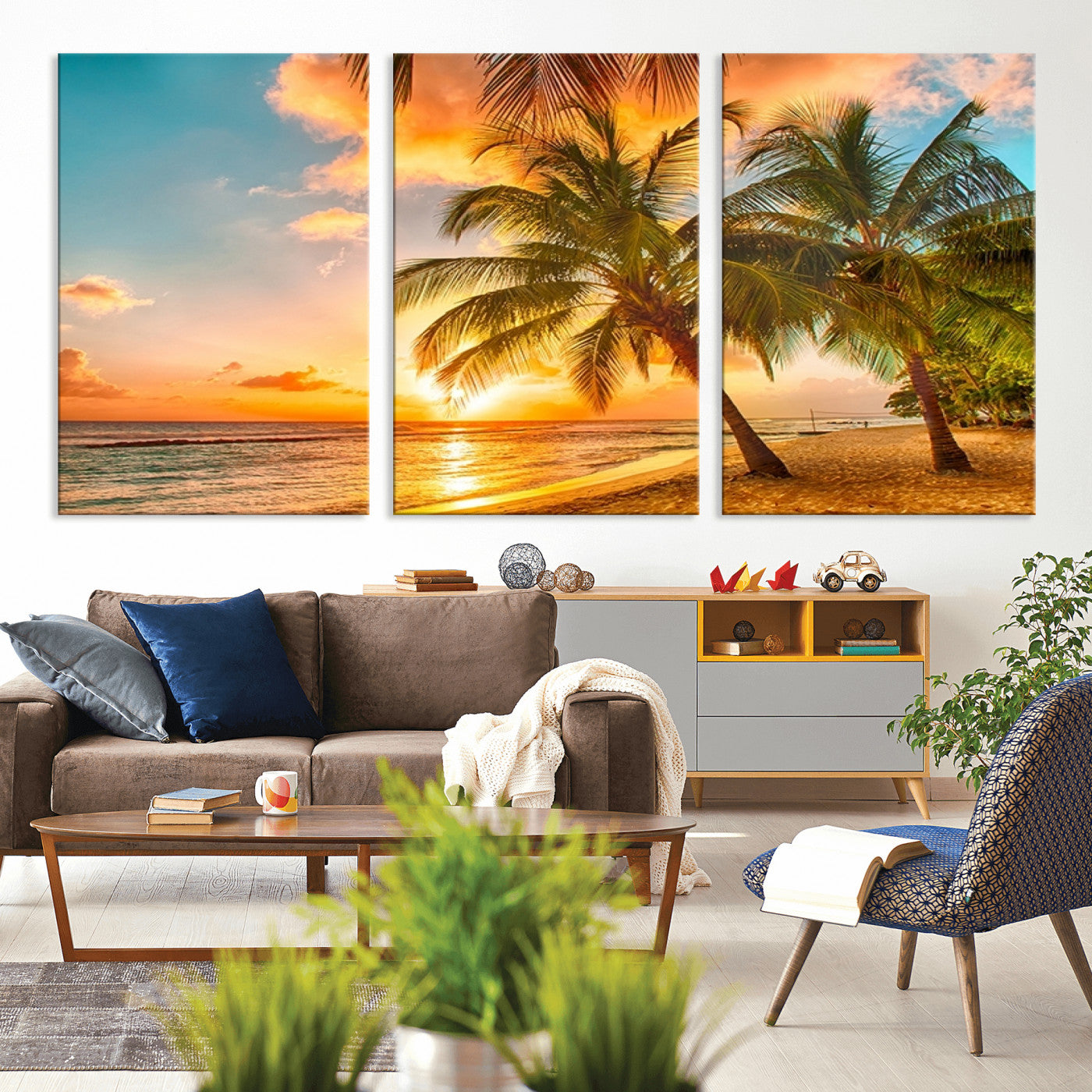 MGV-CV-60X30-3P - Tropical Sunset Beach Canvas Wall Art Print – Vibrant Palm Trees and Coastal Sunset Wall Decor for