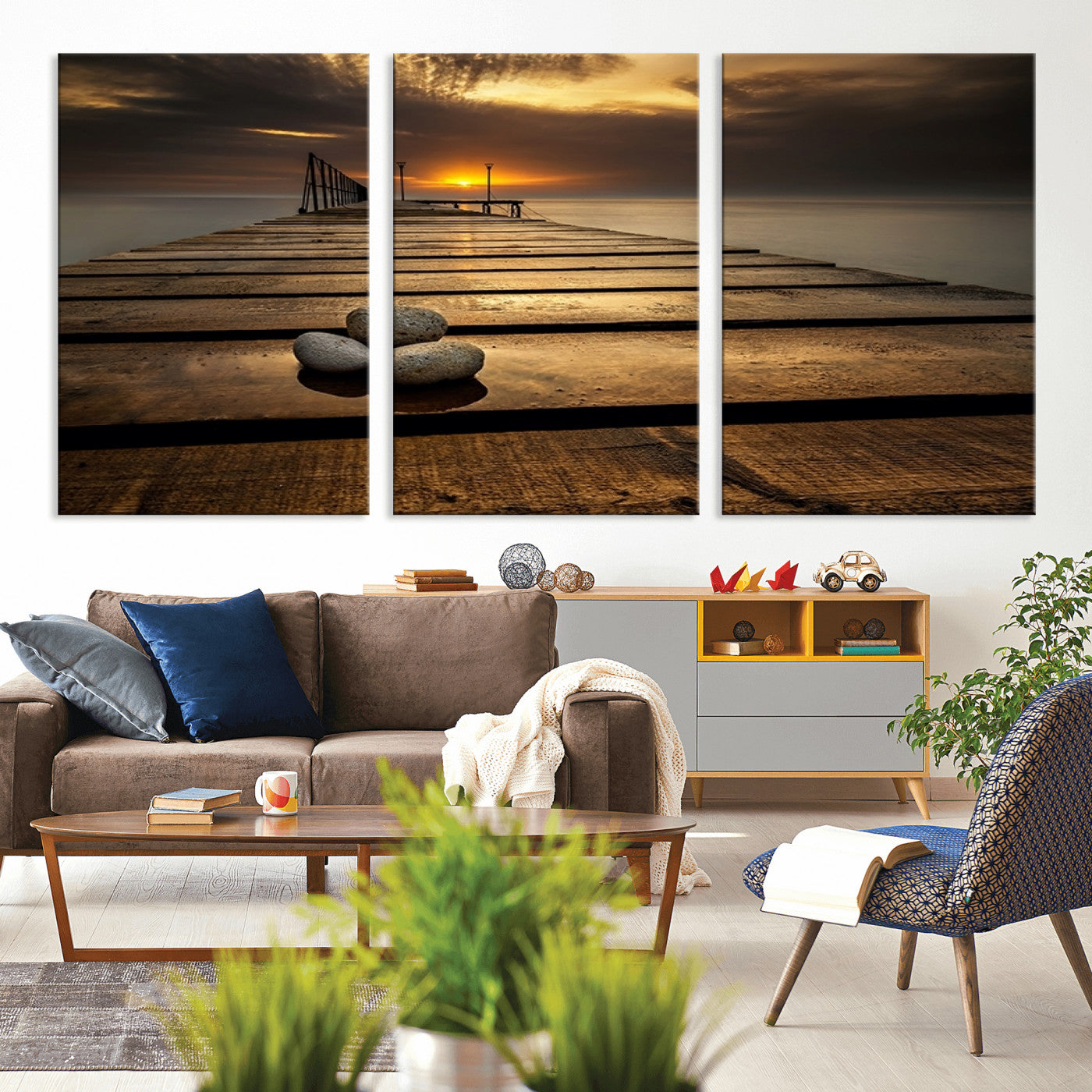 MGV-CV-60X30-3P - Stones on Wooden Pier at Sunset Canvas Print, Serene Coastal Wall Art, Beach Sunset Photography,