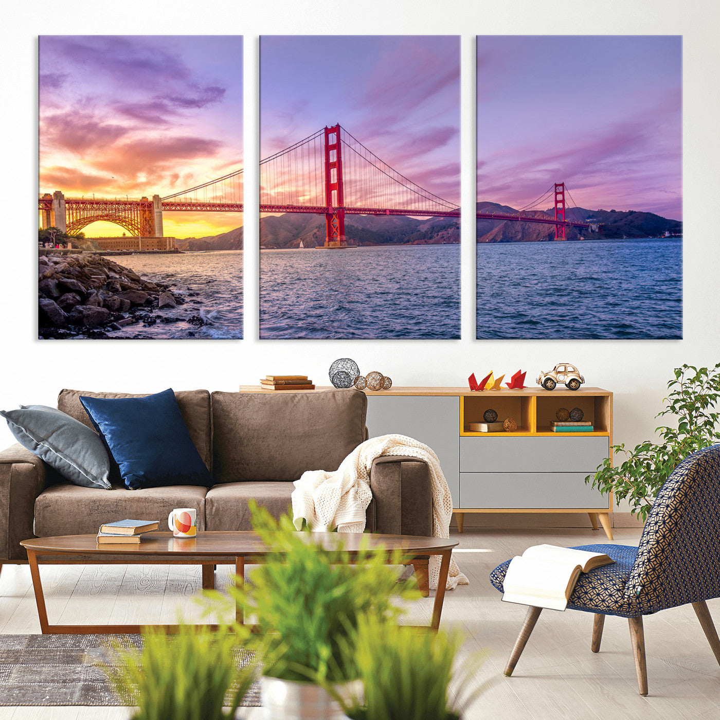 MGV-CV-60X30-3P - Golden Gate Bridge Wall Art Print, San Francisco Sunset Canvas Wall Art, Cityscape Canvas Print for