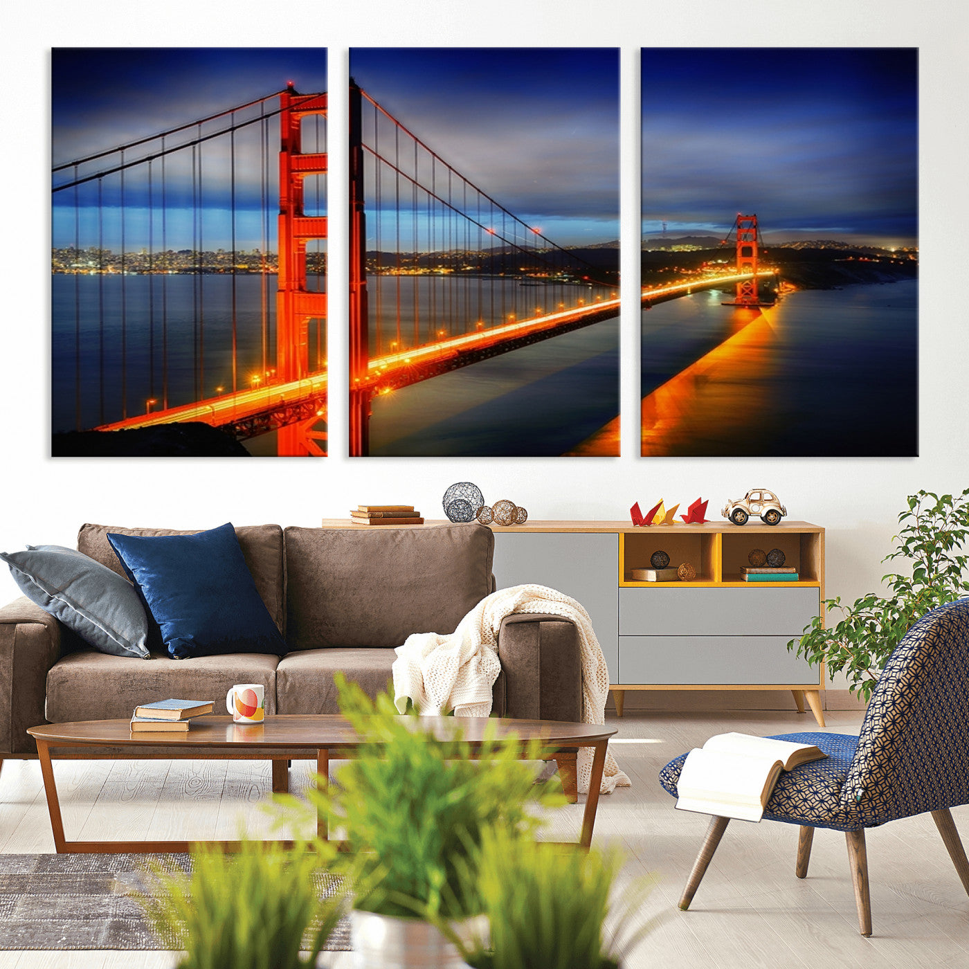 MGV-CV-60X30-3P - Large Wall Art San Francisco Canvas Print - Wonderful Golden Gate Bridge at Twilight