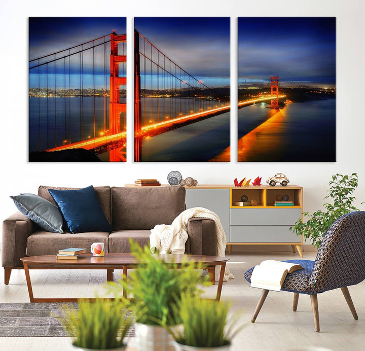 The living room features a large San Francisco canvas art piece—a stunning triptych of the Golden Gate Bridge at twilight, known as the "Large Wall Art San Francisco Canvas Print - Wonderful Golden Gate Bridge at Twilight.