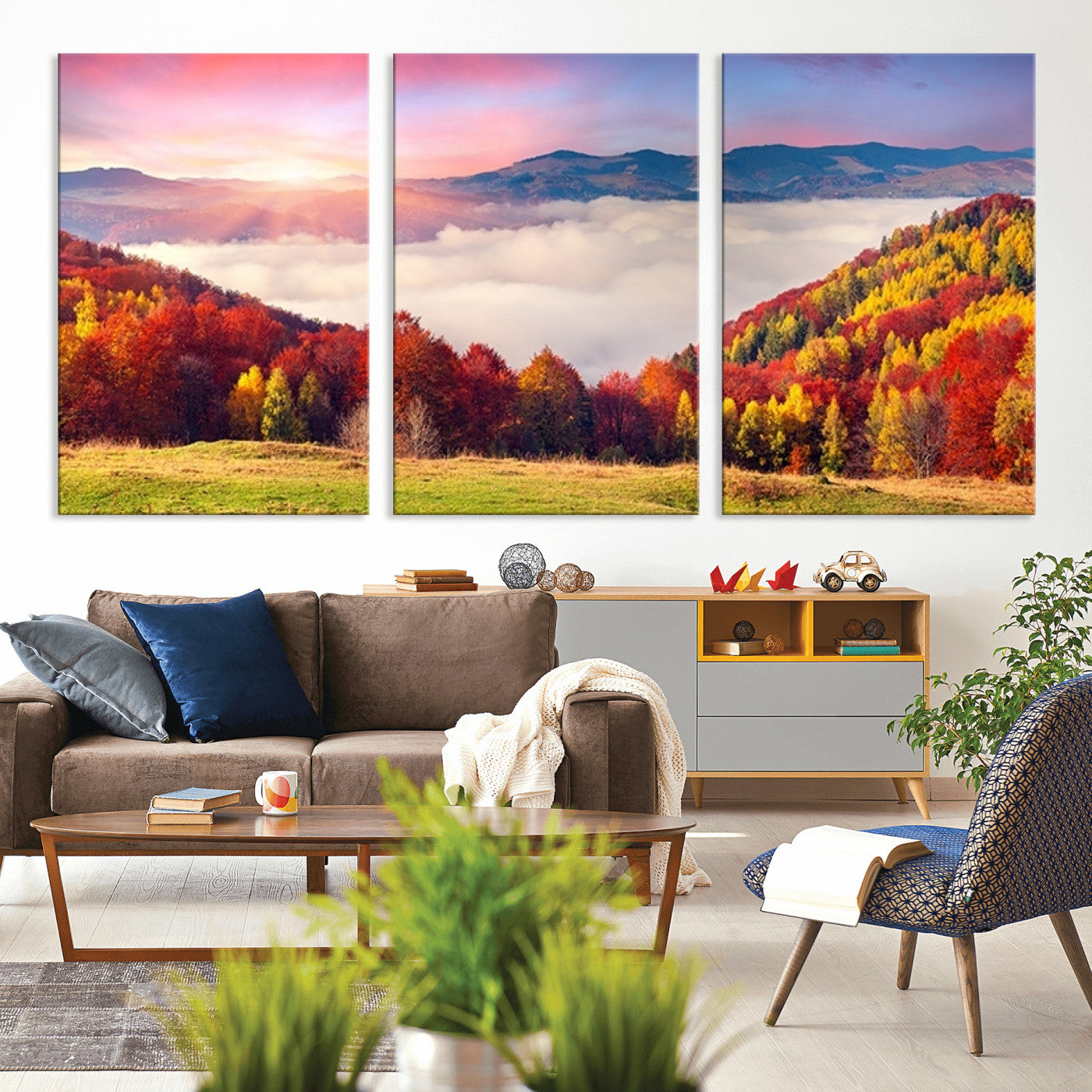 MGV-CV-60X30-3P - Autumn Mountain Foggy Landscape Wall Art Canvas Print | Beautiful Forest Canvas Print | Misty