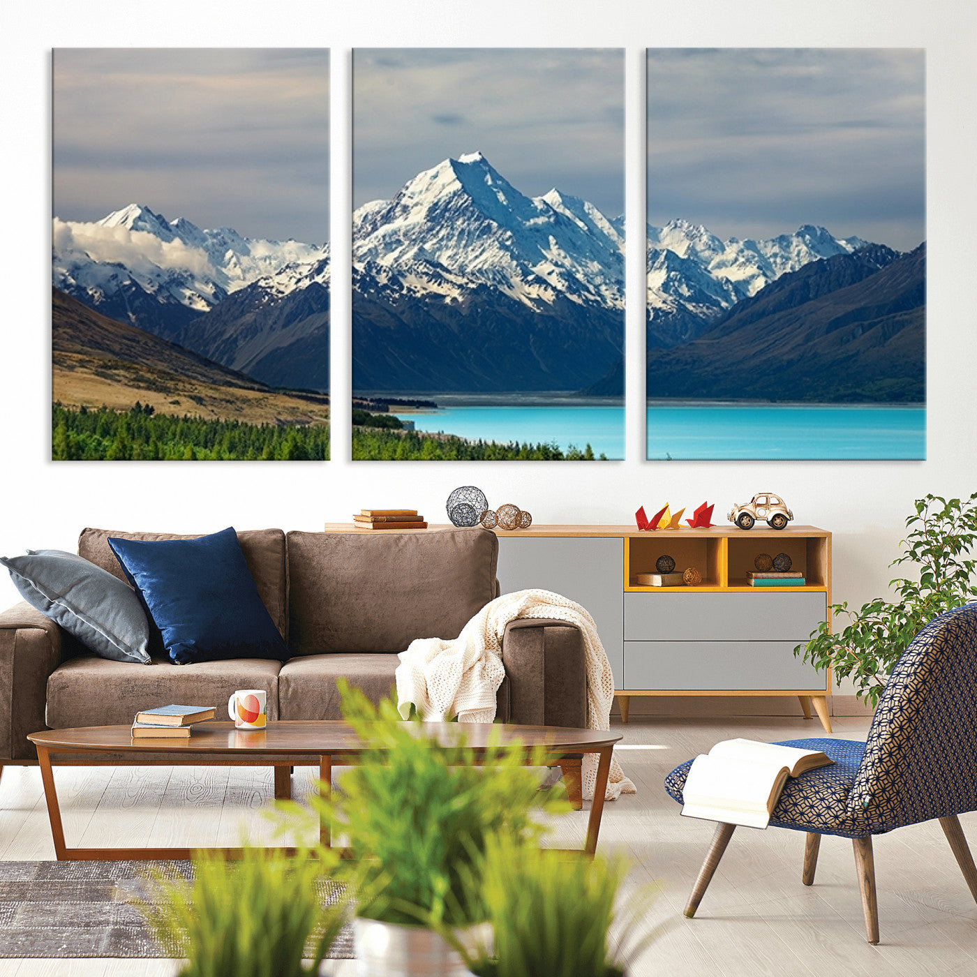 MGV-CV-60X30-3P - Mount Cook and Lake Pukaki Canvas Wall Art Print – Majestic Snow-Capped Peaks and Serene Lake Wall