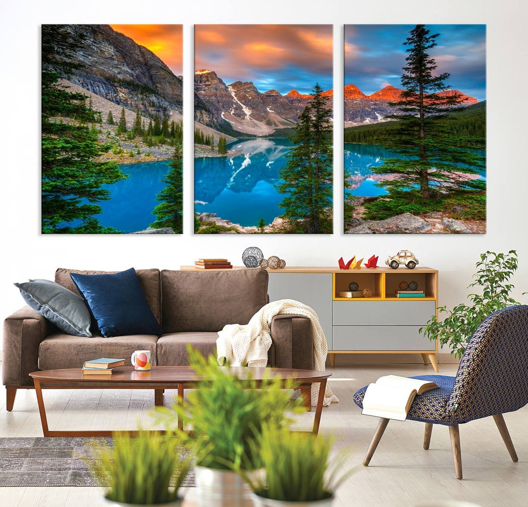 A kitchen featuring a Canadian Rockies Moraine Lake Wall Art Canvas Print displayed on the wall.