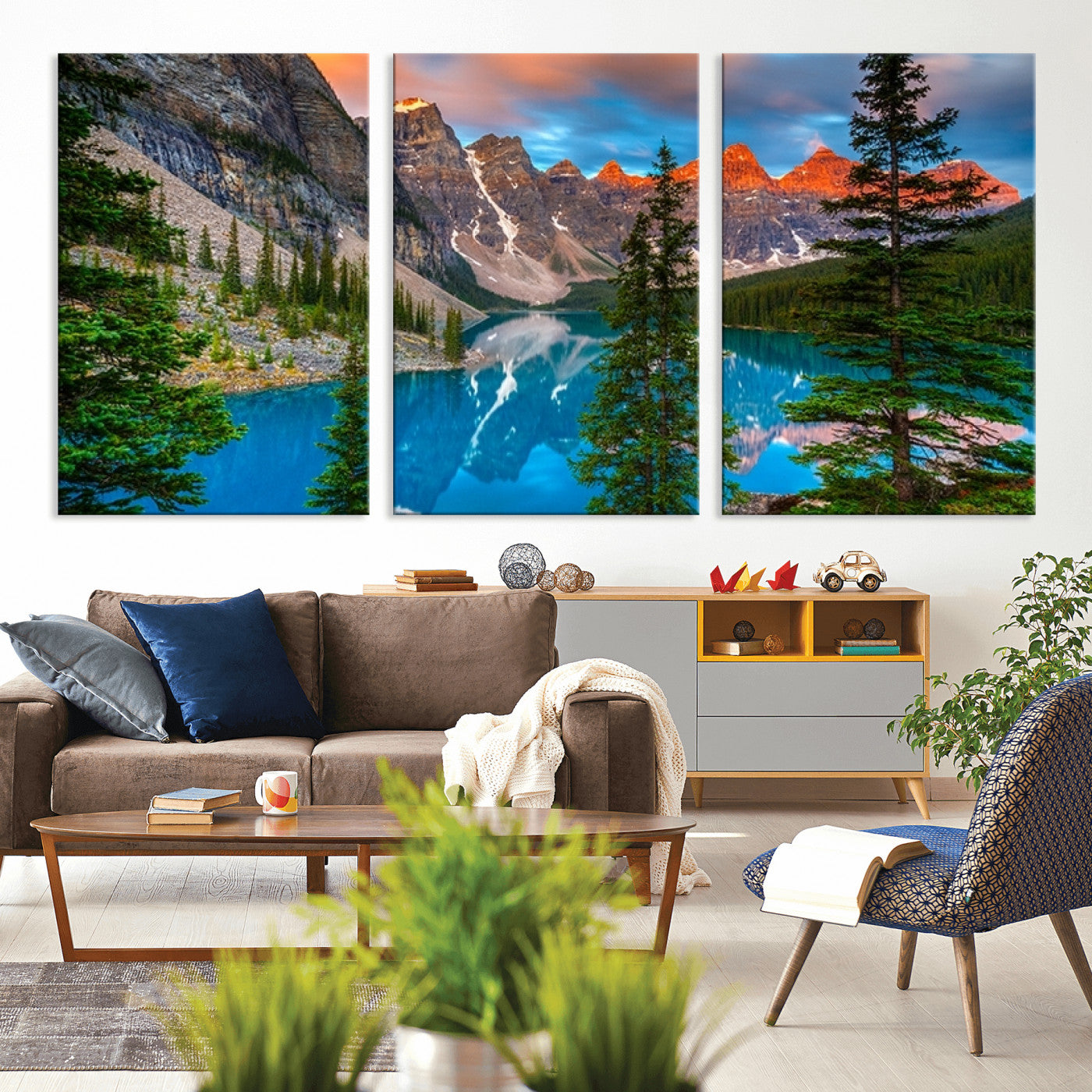 MGV-CV-60X30-3P - Canadian Rockies Moraine Lake Wall Art Canvas Print, Pine Trees Mountain Spring Canvas Print