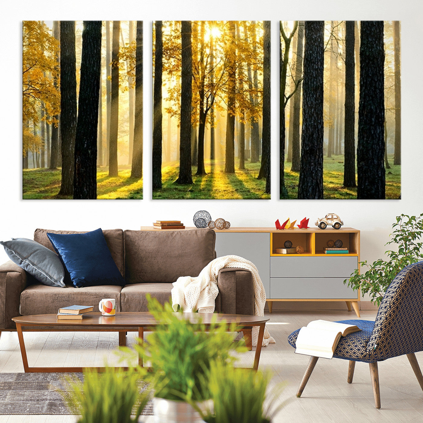 MGV-CV-60X30-3P - Sunlit Forest Canvas Wall Art – Serene Woodland Triptych Landscape Print – Nature-Inspired Decor for